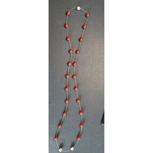 VGC Red And Silver Beads w/Silver-Tone Cord Necklace 44 Inches And Earrings